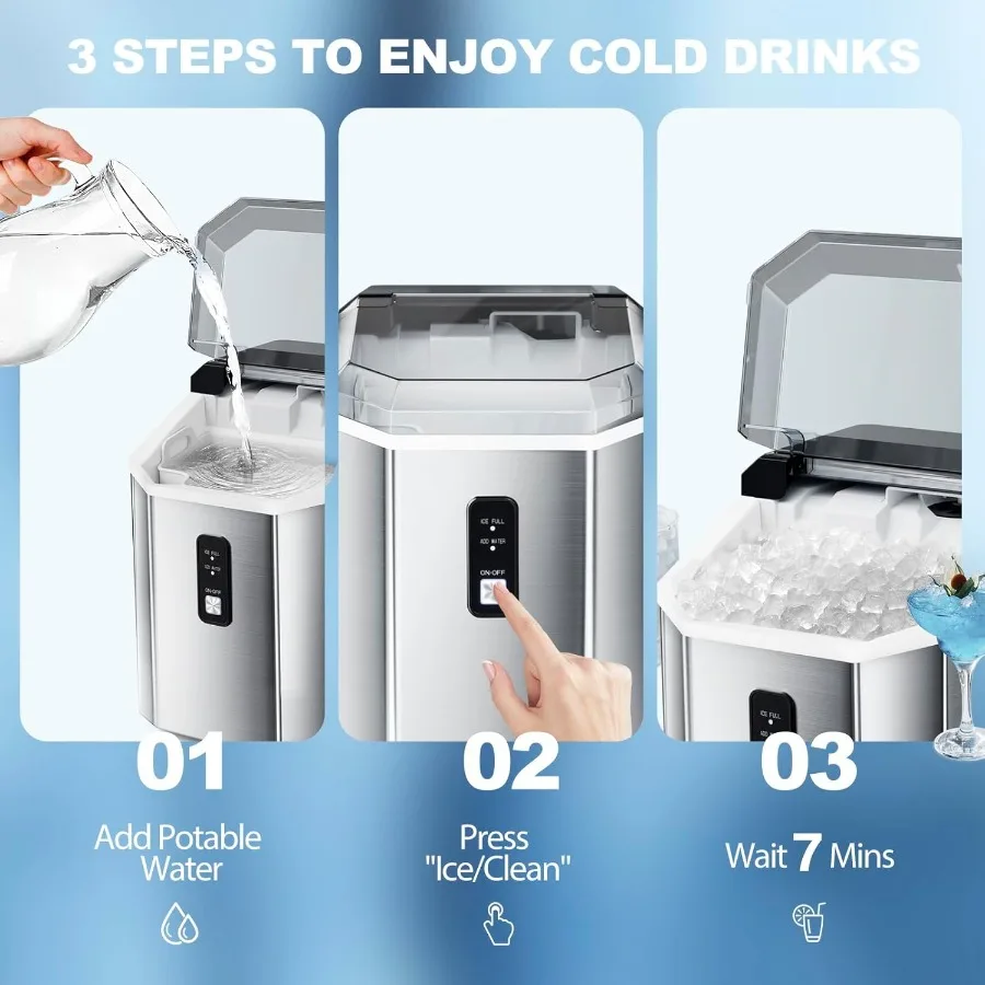 Machine à glaçons de pépites de comptoir avec fonction d'auto-nettoyage Machine à glaçons en acier inoxydable de 35 lb 24 H avec poignée de transport glace amovible