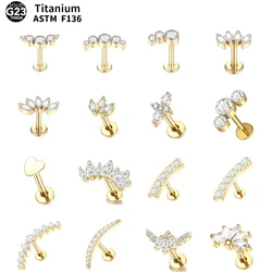 1PC G23 Titanium Labret Piercings Lip Ring CZ Zircon Gold Color Stud Earring Cartilage Helix Lobe Conch Piercings Body Jewelry