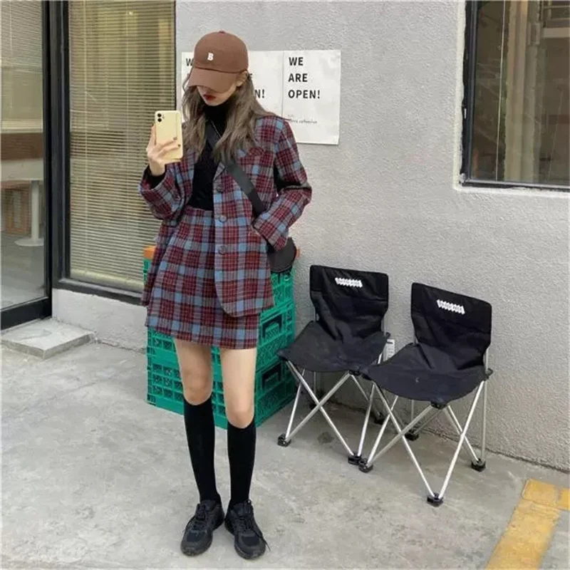 2023 New Spring Autumn Blazers Retro Plaid Woolen Suit Jackets Short Skirts Fashion Two-piece Sets For Women Clothing jp410