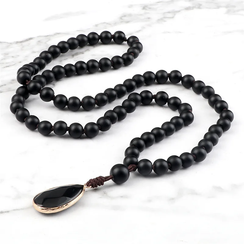 Natural Stone Pendant Necklace for Men 8mm Black Matte Beads Classic Mala Rosary Knotted Long Necklaces Charm Women Yoga Jewelry