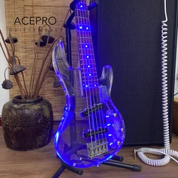 5 String Blue LED Lights Electric Bass Guitar, Clear Acrylic Crystal Body & Headstock LED Color Customizable Maple Neck