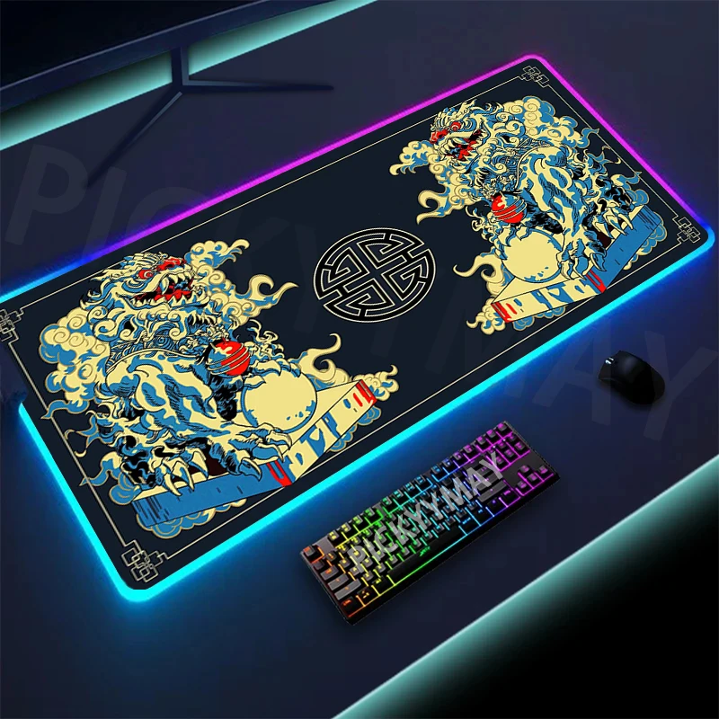 Alfombrillas de escritorio LED grandes Divine Beast XXL RGB, alfombrilla de ratón para computadora, Mith chino, alfombrilla para teclado con retroiluminación, alfombrillas luminosas para Gamer, 90x40cm