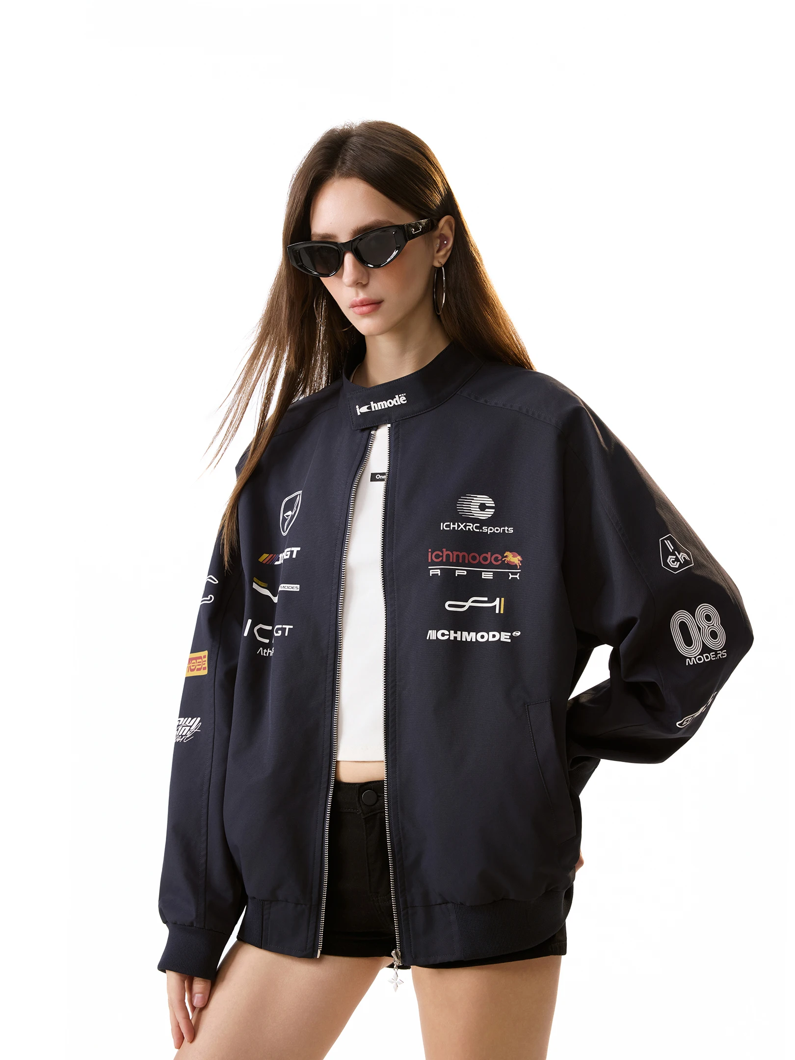 Heavyweight Sporty Women's Baseball Jacket Loose Stand Collar Open Cardigan Polyester Fiber Long Sleeve Zipper Closure Coat
