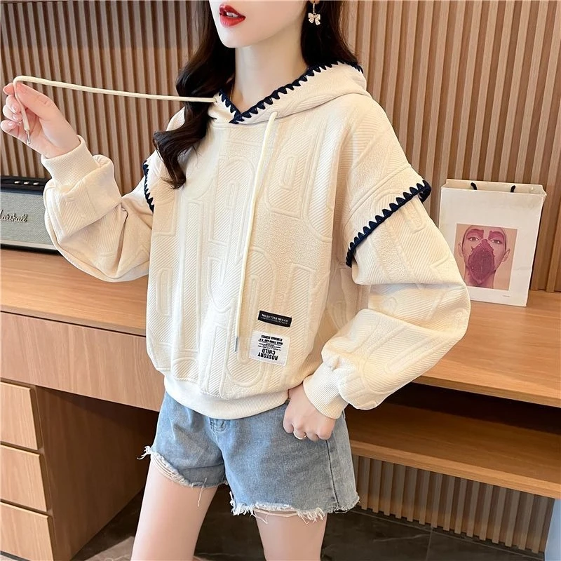 Women Jacquard Hooded Sweatshirt 2026 Spring Autumn Loose Lightweight Pullover Long Sleeve Casual Streetwear Tops