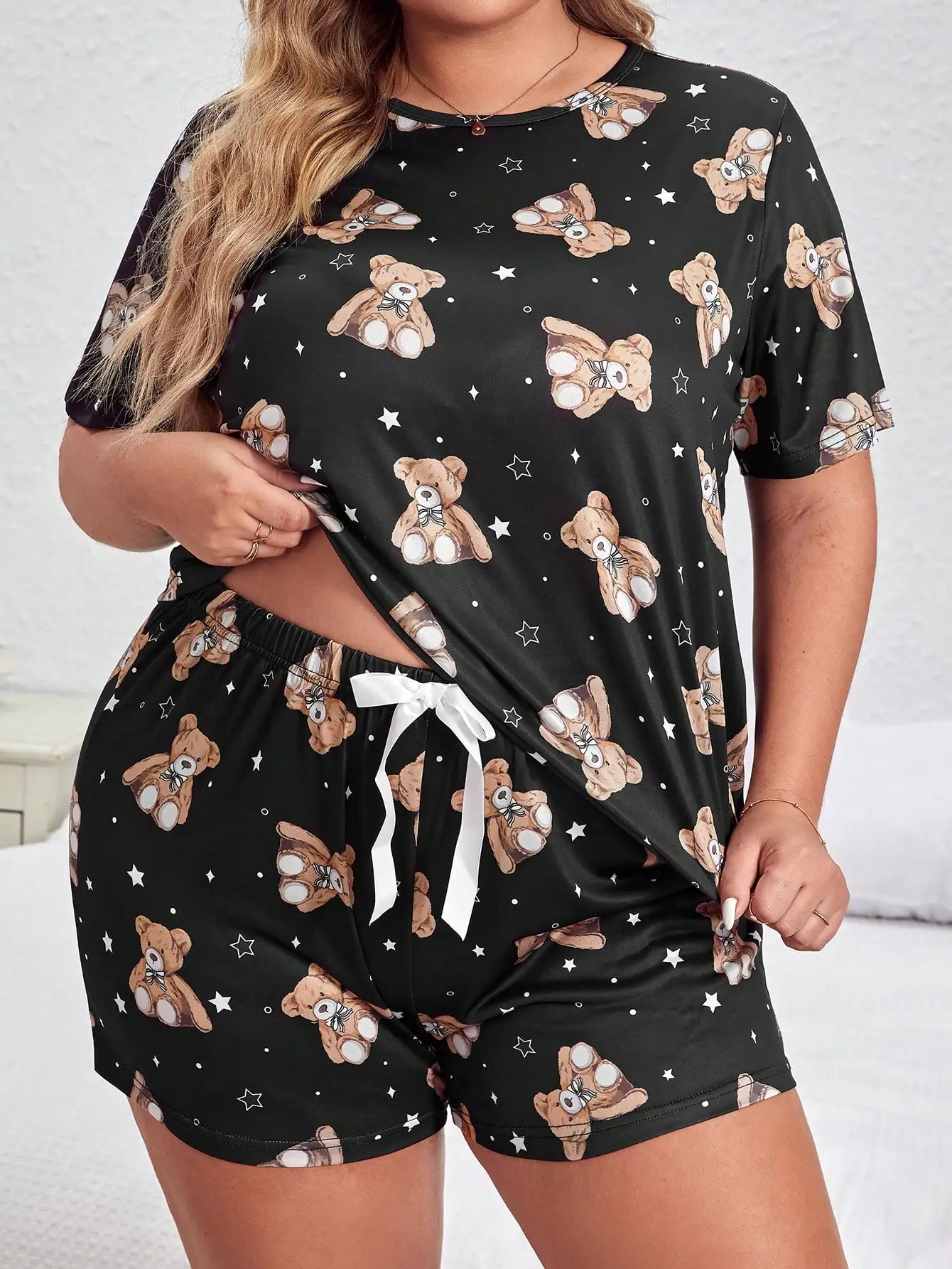 Summer cute cartoon bear printed short sleeved top&shorts oversized women\'s pajamas home clothing set