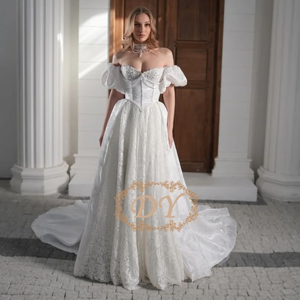 

Свадебное платье DY с индивидуальным дизайном, открытыми плечами, кружевными рукавами и корсетным лифом – модное свадебное платье для стильных невест
