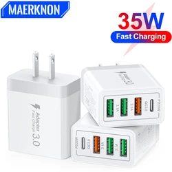 PD 35W USB Type C Charger 4 Ports Fast Charging Mobile Phone Charger Adapters For iPhone 15 Xiaomi Samsung Portable Wall Charger