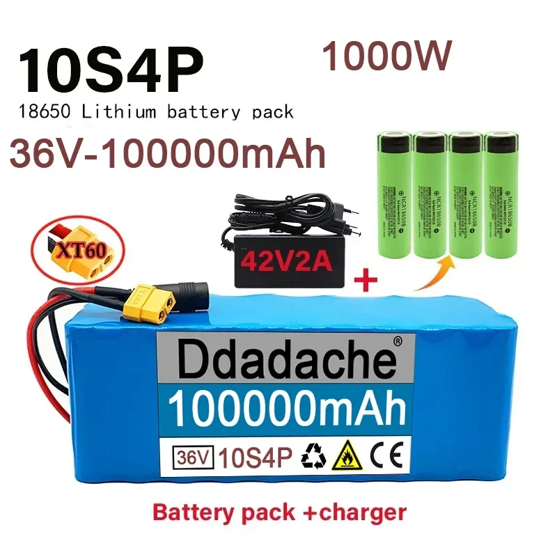 

New 1860 Batterypack 36V 10S4P 100Ah10000W Large Capacity 18650Lithium Battery Pack Bicycle Scooter with BMS Customizable plug