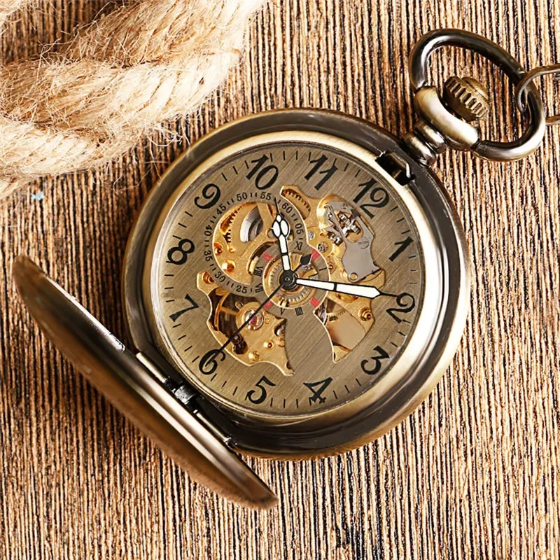 Antique Retro Skeleton Automatic Mechancial Pocket Watch for Men Women Arabic Numbers FOB Chain Luminous Hands Relgio de bolso