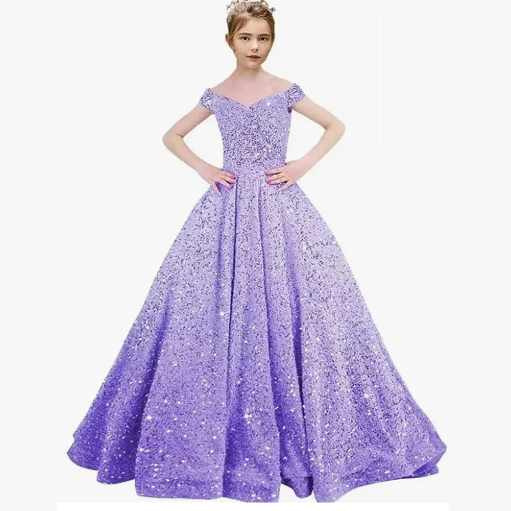 Vestidos de niña de flores con lentejuelas y hombros descubiertos con purpurina para bodas, vestido largo para fiesta infantil, desfile de cumpleaños, vestido Formal de baile de princesa