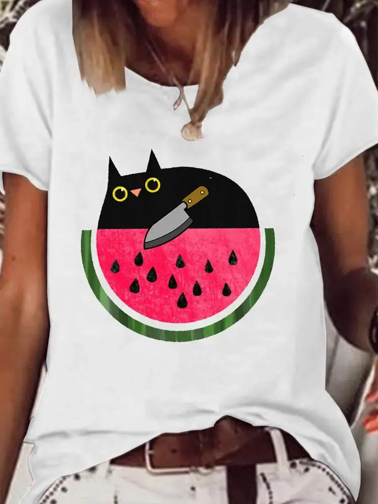 Summer Fashion Women Funny Cat Printing Cute Clothing Short Sleeve Graphic T-shirt Print T Shirt Clothes Kawaii Basic Tee Top