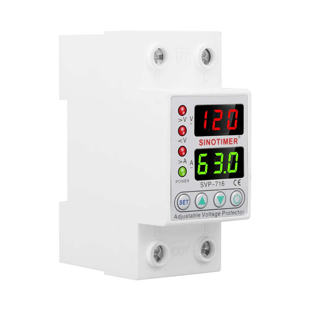 110VAC 120VAC 40A 63A  Din Rail Dual Display Adjustable Over Voltage Current and Under Voltage Protective Device Protector Relay