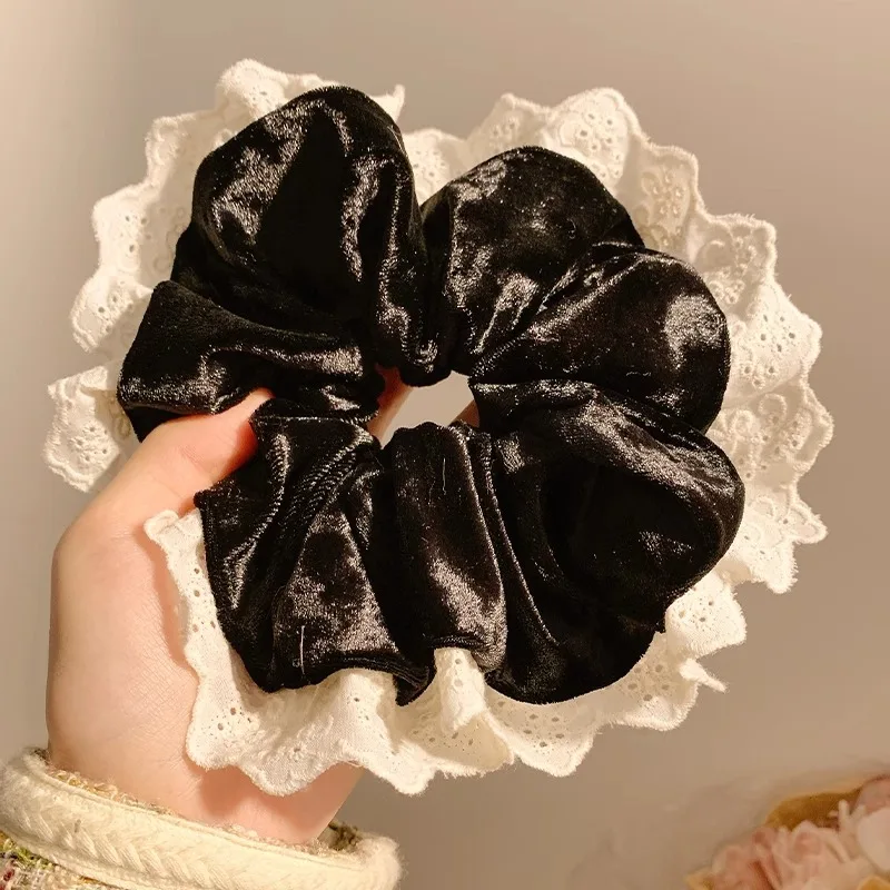 Mousse Cake ~ French Premium czarna aksamitna koronka jelito grube opaska do włosów damska bardzo duża opaska do włosów gumka do włosów akcesoria do włosów