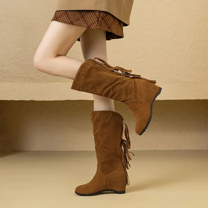 

ORCHA LISA Casual New Women's Mid Calf Boots Flock Suede Round Toe 6cm Wedge Heel Tassels Slip On Big Size 43 44 Fashion Booties