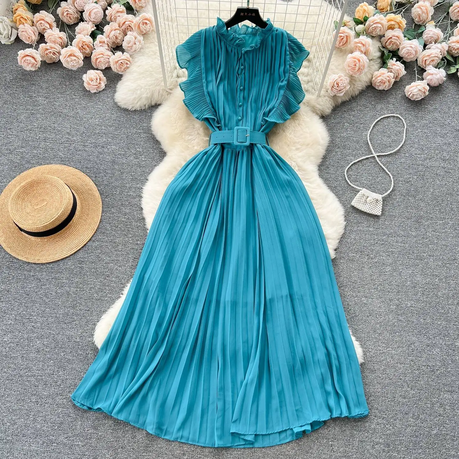 

Французское винтажное лоскутное платье без рукавов с рюшами и поясом с круглым вырезом трапециевидной формы, повседневное женское модное весенне-летнее платье с рюшами