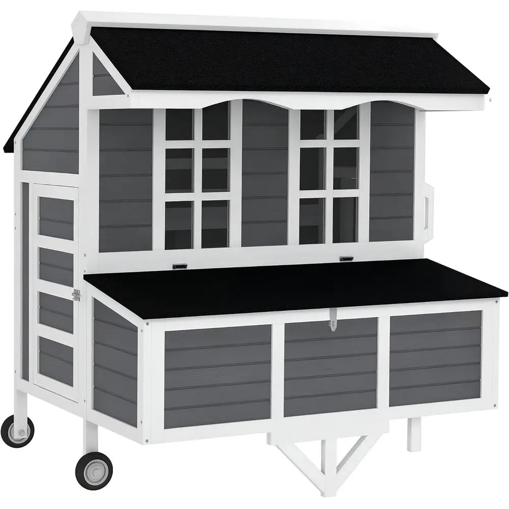 

Gray 43 Mobile Chicken Coop with Nesting Box, Windows, Tray, Perches for 2-4 Hens or Rabbits