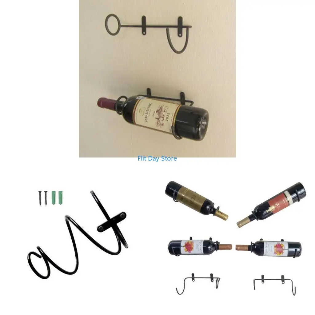 F92C Wine Display Shelf Wine Rack with Screws Home Bar Kitchen Storage Simple Wall Mounted Iron Black Bottle Holder