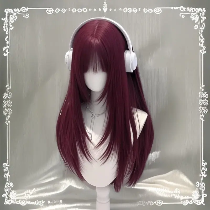 Anime-Cosplay-Perücke – weinrot, lang, gerade, im Lolita-Stil, hyperrealistische Vollkappe, JK passendes Kunsthaar für Cosplay