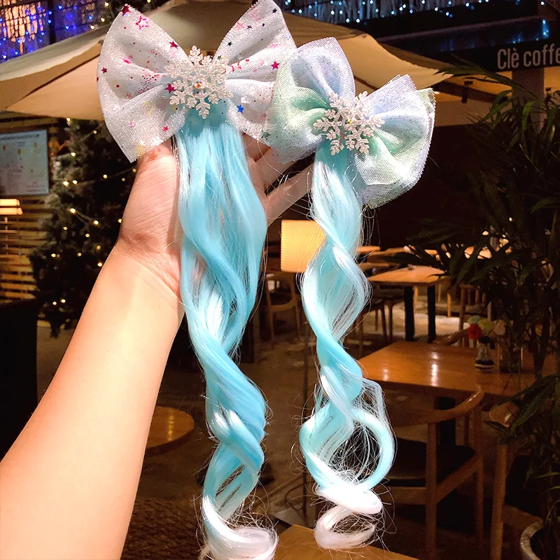 Cute Children Frozen Bow Hair Clips Headdress Ponytail Hair Ropes Baby Girls New Colorful Wig Pigtail Elastic Kids Headwear