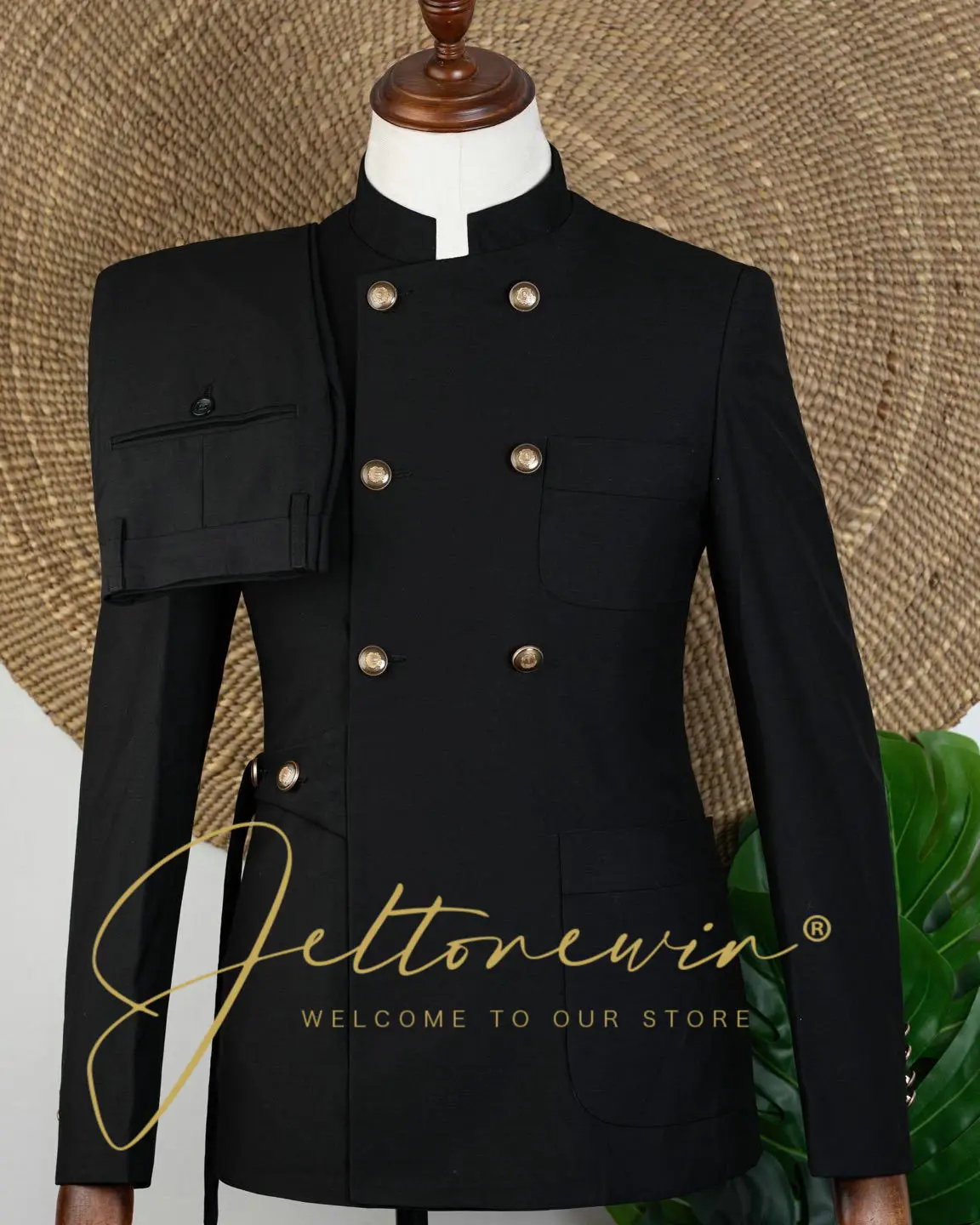 

Men's Black Military Style Suit Jacket with Stand Collar and Double Breasted Gold Buttons Slim Fit Formal Wear for Wedding Party