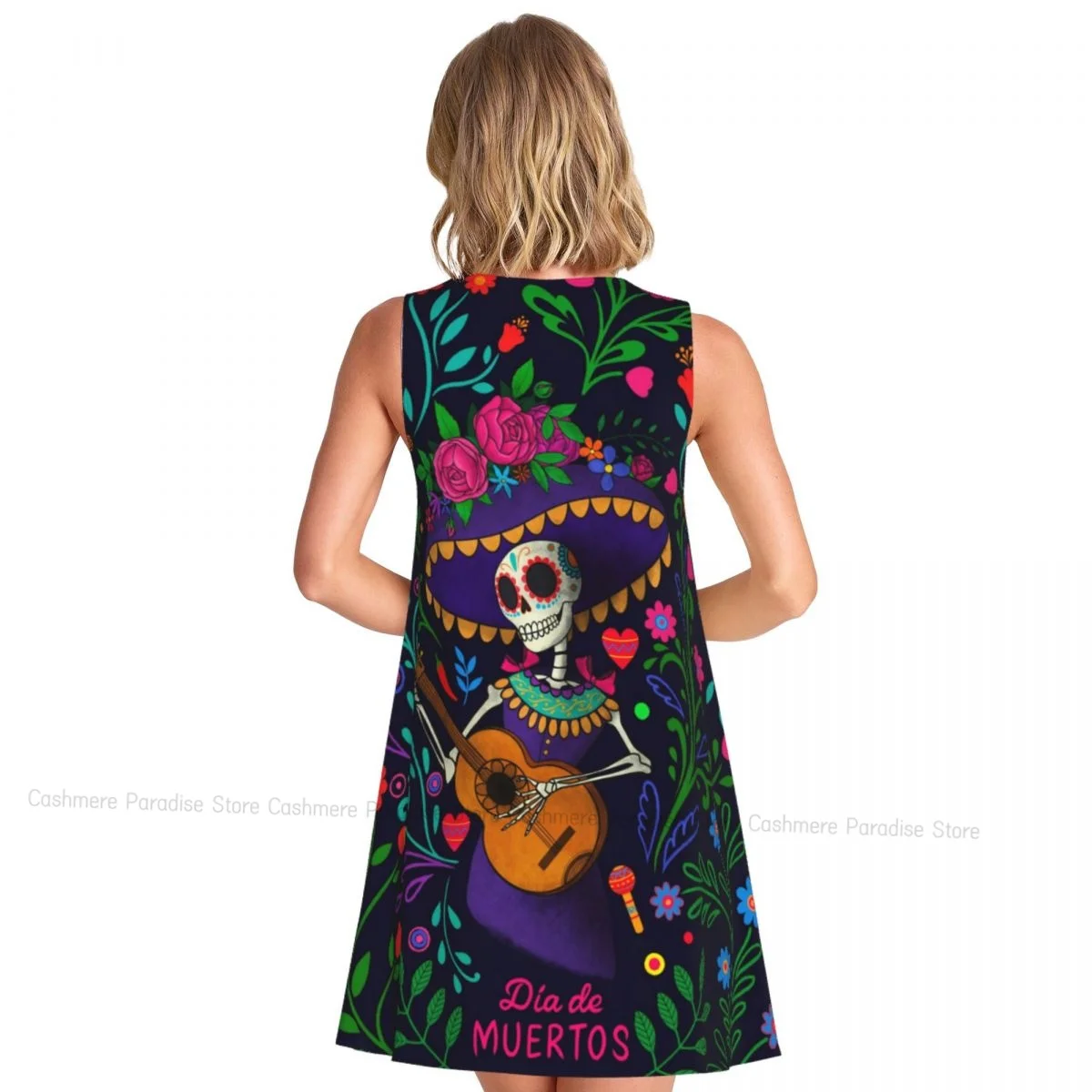 Robes d'été pour femmes, t-shirt de plage, sans manches, squelettes avec Roses, jour des morts, robe débardeur ample décontractée, 2025