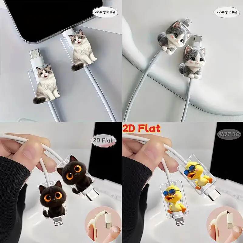 2Pcs 2D Flat  Cute Cat Anti-Break Phone Charger Cable Protectors Adorable Kitten Design Connector Cover for  Type-C
