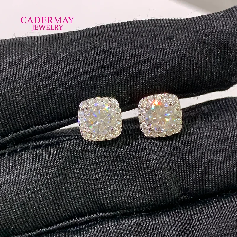 Cadermay 8mm Wide Square Moissanite Halo Earrings Stud 925 Sliver Moissanite Diamond Stud Earrings for Women Men Gift