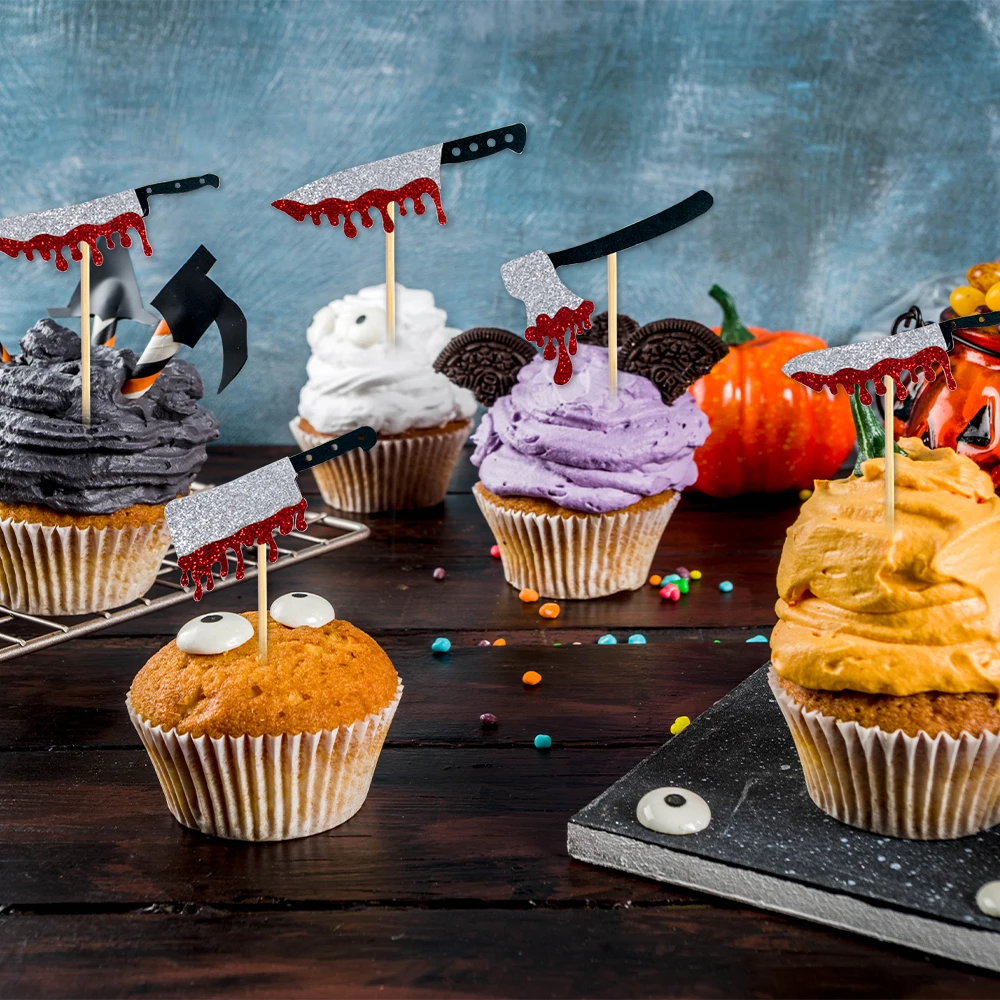 

12/24pcs Halloween Bloodstain Knife Cake Toppers Horror Cupcake Toppers Birthday Halloween Dessert Bread Fruit Decorations