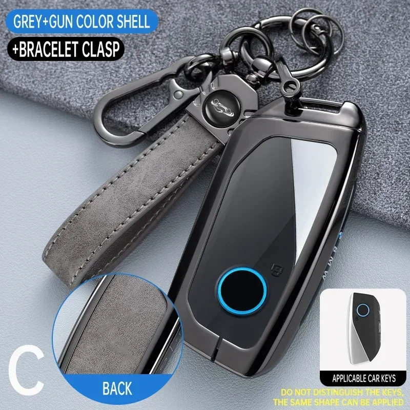 

Leather Key Case Cover Protector 3 Button Interior Styling Zinc Alloy Key Ring Chain For Bmw Ix I4 2 3 4 5 X3 X5 2021 2022 2023