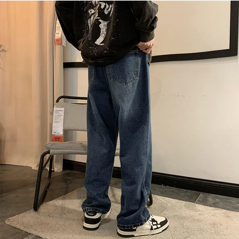 2026 Autumn New Men's Washed Jeans American Casual Fashion Retro Simple Drawstring Elastic Waist Straight Leg Denim Pants