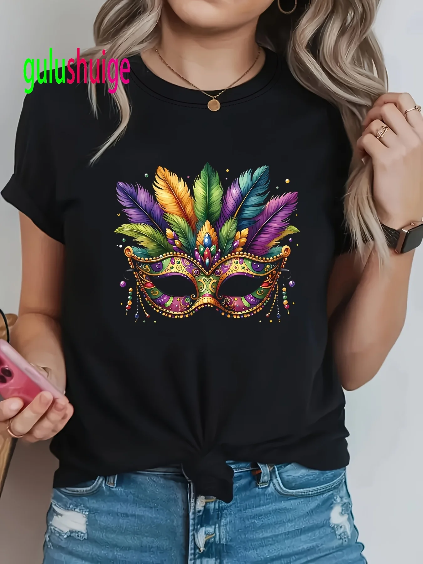Carnival Glamorous Masks Jewelry Decorative Festival Creative Design Pattern Print Women's Round Neck Short Sleeve T-Shirt Femme