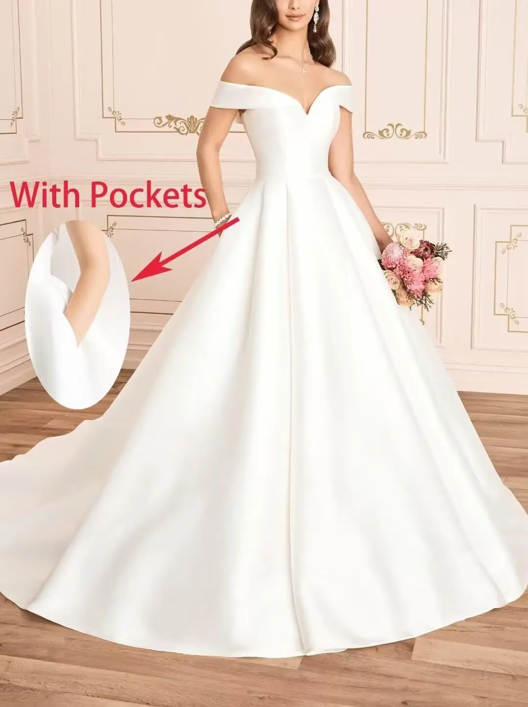 Abiti da sposa personalizzati con spalle scoperte Sweet A Line per la sposa con tasche Abiti da sposa lunghi in raso per le donne con strascico