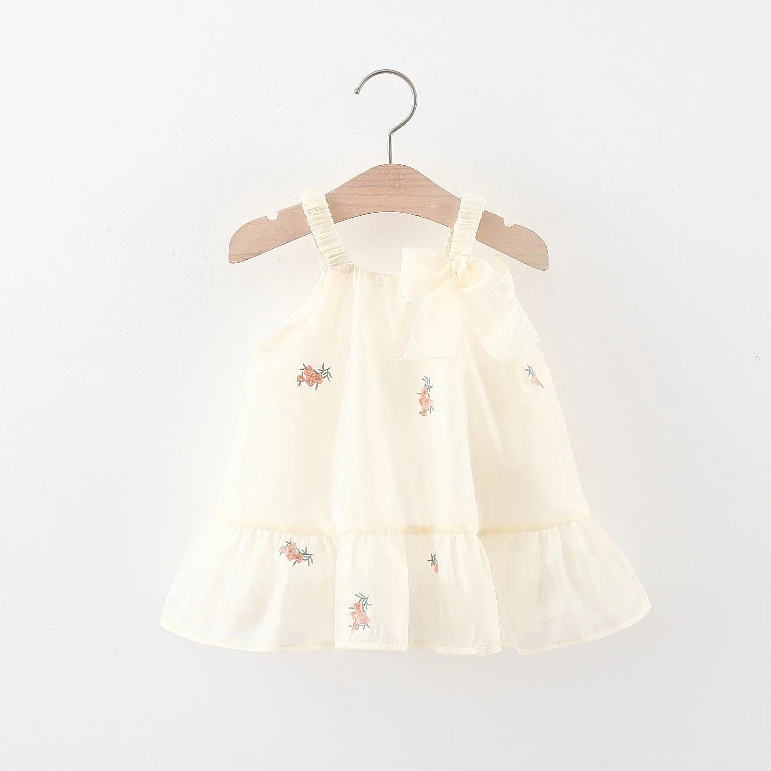 Summer Girl Baby Dress Girl Embroidered Flower Hem Tie up Bowtie Chiffon Suspended Princess Dress