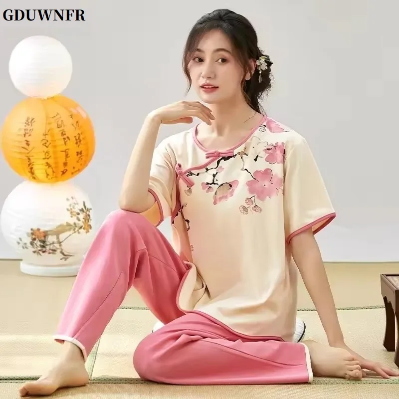 Vintage Chinese Pajamas Set Women 2025 Summer Elegant Nightwear Casual Homewear Short Sleeve Tops Seven-quarter Length Trousers