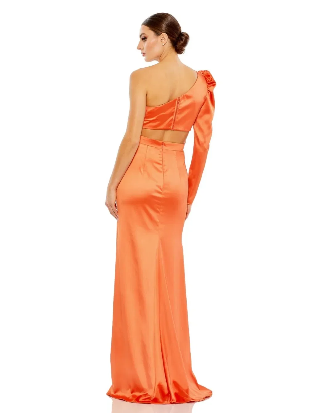 Robe de Soirée de Forme Sirène Asymétrique en Satin, Tenue à Manches sulf, Découpe à la Taille, Fente Haute