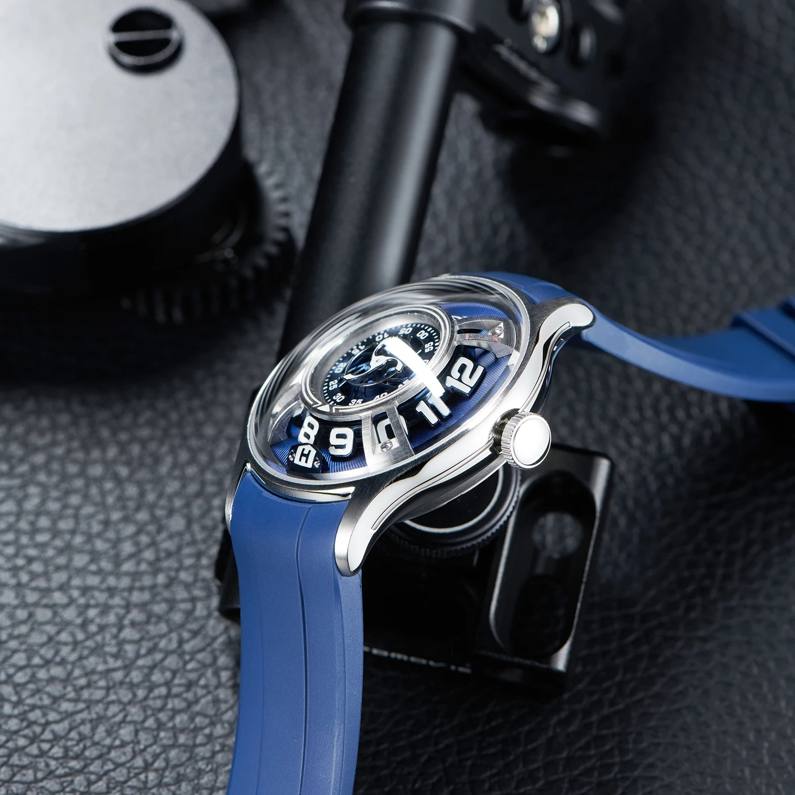 OBLVLO Creative Circular Dial Analog Automatic Watch for Men Luminous Waterproof Blue Silicone Strap Mechanical Watches BLM-2