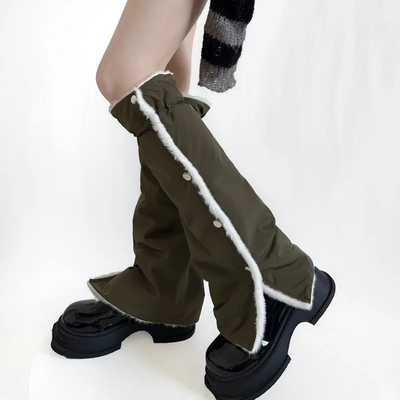 Personality Autumn Winter Spliced Warm Fur Design Leg Warmers Y2k Subcultural Side Buttons Design Women Stocking Japanes Socks
