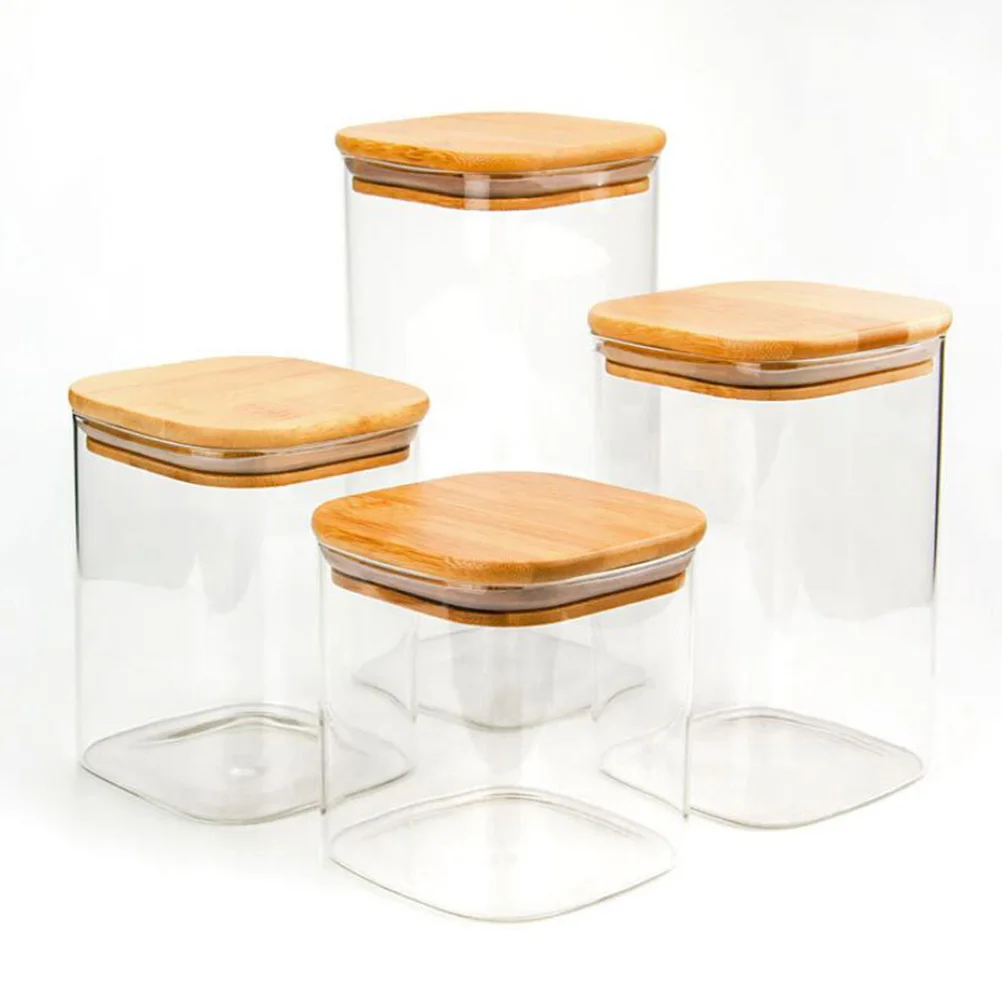 

750ml Sealed Food Storage Container Square Glass Jar Airtight Wood Lid Dry Tea Coffee Bean Canister Glass Jar Sealed Canisters