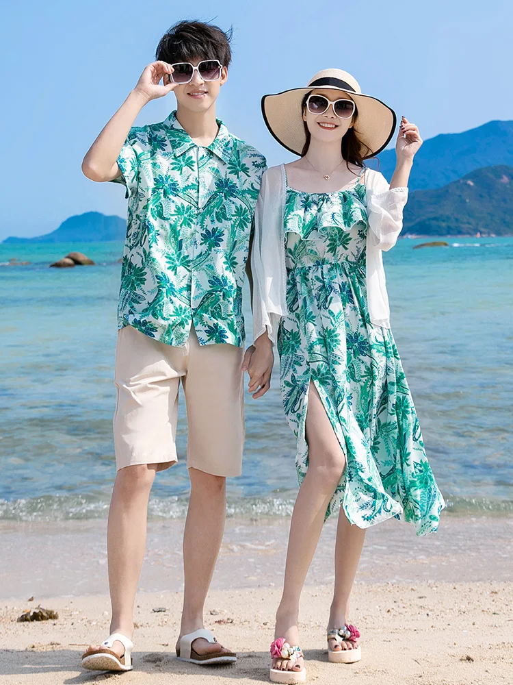커플 플로럴 셔츠 세트 반팔 티셔츠 비치 휴가 섹시 비치 스트링 드레스 드레스 보일 스타일 미드 웨이스트 프린세스 스커트