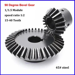 1pc Single 45# Steel 90 Degree 1 Mod 1.5 Mod Bevel Gear 15 Teeth - 40 Teeth Meshing Angle Gear Bore 6-20mm Speed Ratio 1:2