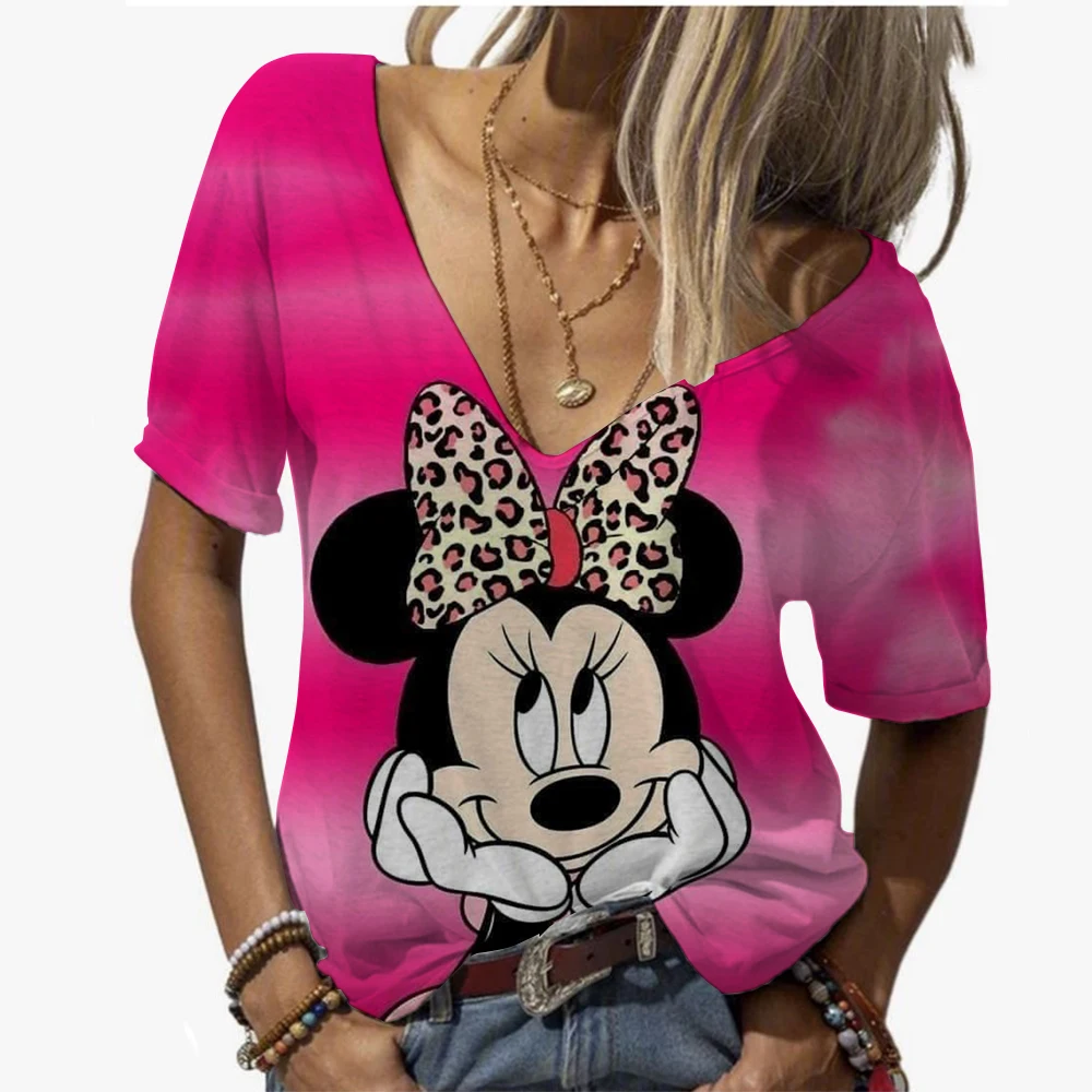 

Disney Summer Women T-shirt Mickey Mouse V-Neck Tops Tees Female Fashion Short Sleeve Clothing Girls Luxury Leopard Streetwear