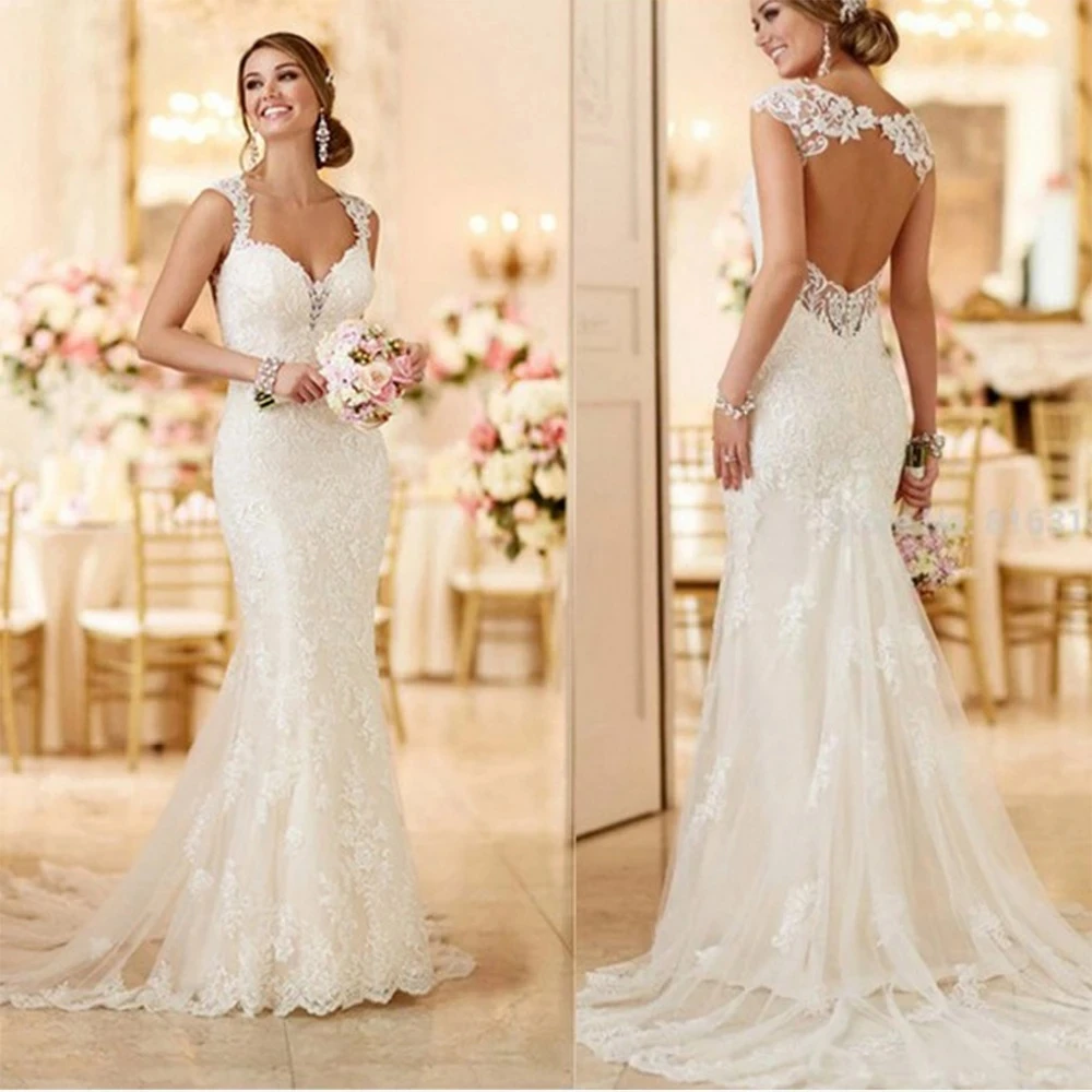 Aberto para trás sereia vestidos de casamento para a noiva, laço longo, vestidos de noiva com trem, Cap Sleeve, Robe, TL085