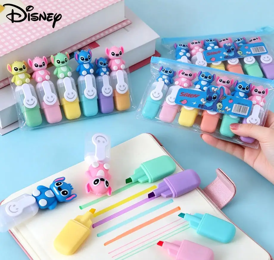 6pcs/set Disney Stitch Highlighter, Cartoon Colored Marker, Student Note Taking Pen, Graffiti Marker, Office Supplies
