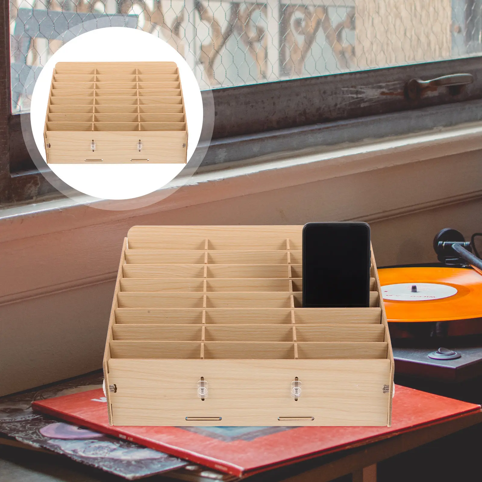 24-Grid Wooden Desktop Storage Box Natural Wood Phone Display Organizer for Office School Home Desktop Sundries Cell