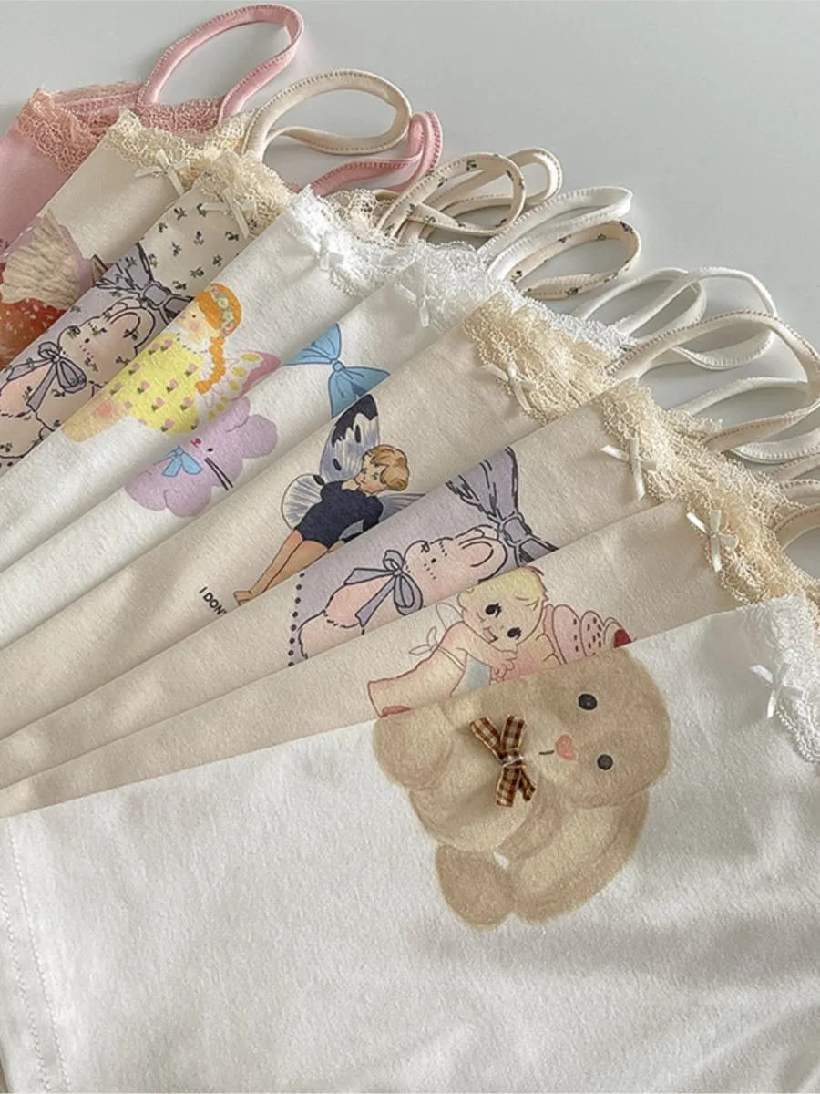 น่ารักการ์ตูนลูกไม้ Trim TANK Tops ผู้หญิงฤดูร้อนใหม่ Slim Cotton เสื้อแขนกุด VINTAGE Sweet Preppy สไตล์ Camisole Y2K เสื้อผ้า