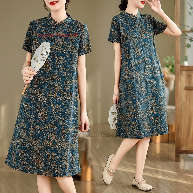 

2025 chinese vintage qipao improved cheongsam dress national flower print folk dress traditional retro loose qipao a-line dress