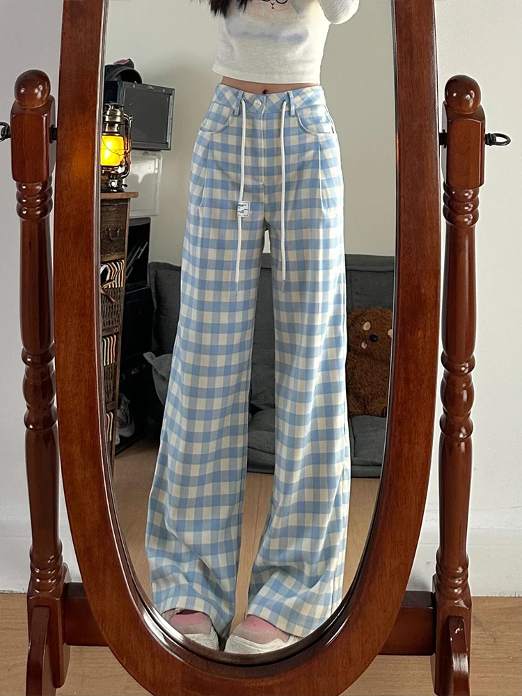 Pantalon à carreaux pour femmes, nouveau Style d'été, tendance, Simple, artistique, polyvalent, bleu, taille haute, jambes larges
