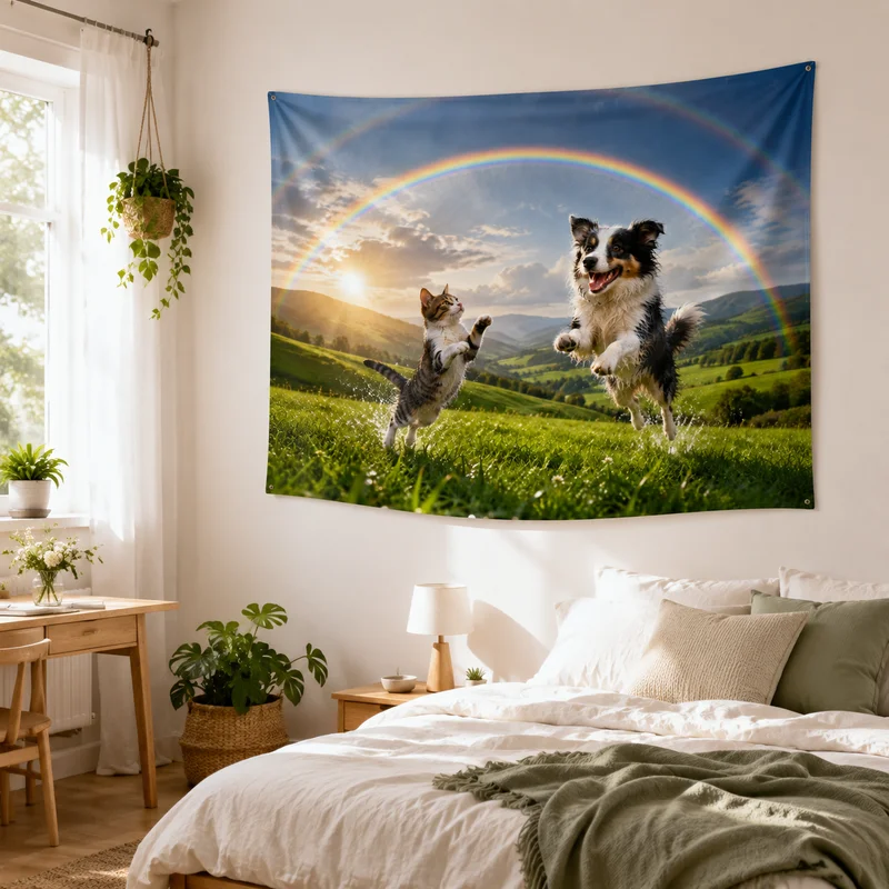 VIKAMA Rainbow Meadow Cute Pet Tapestry, Tabby Cat and Border Collie on a Green Hill at Sunset Wall Hanging, Home Decor