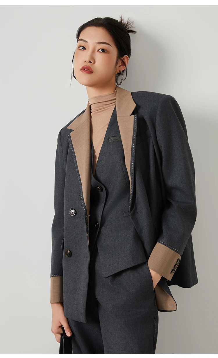 K2547W Designer-Stil Damen-Wollblazer Zweifarbige Patchwork-Jacke mit Revers Premium-Wollmischmantel – Detail 7