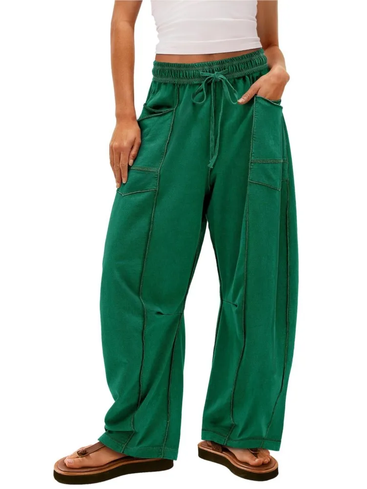 New Autumn Women's Casual Loose Pocket Wide-leg Sports Pants Fashion Solid Drawstring Waist Casual Pants Jogging Sportswear